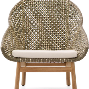 Udendørs lænestol Kave Home Olbia grøn teak/rattan med aftagelig vandafvisende pude H95ÃB86ÃD86 cm